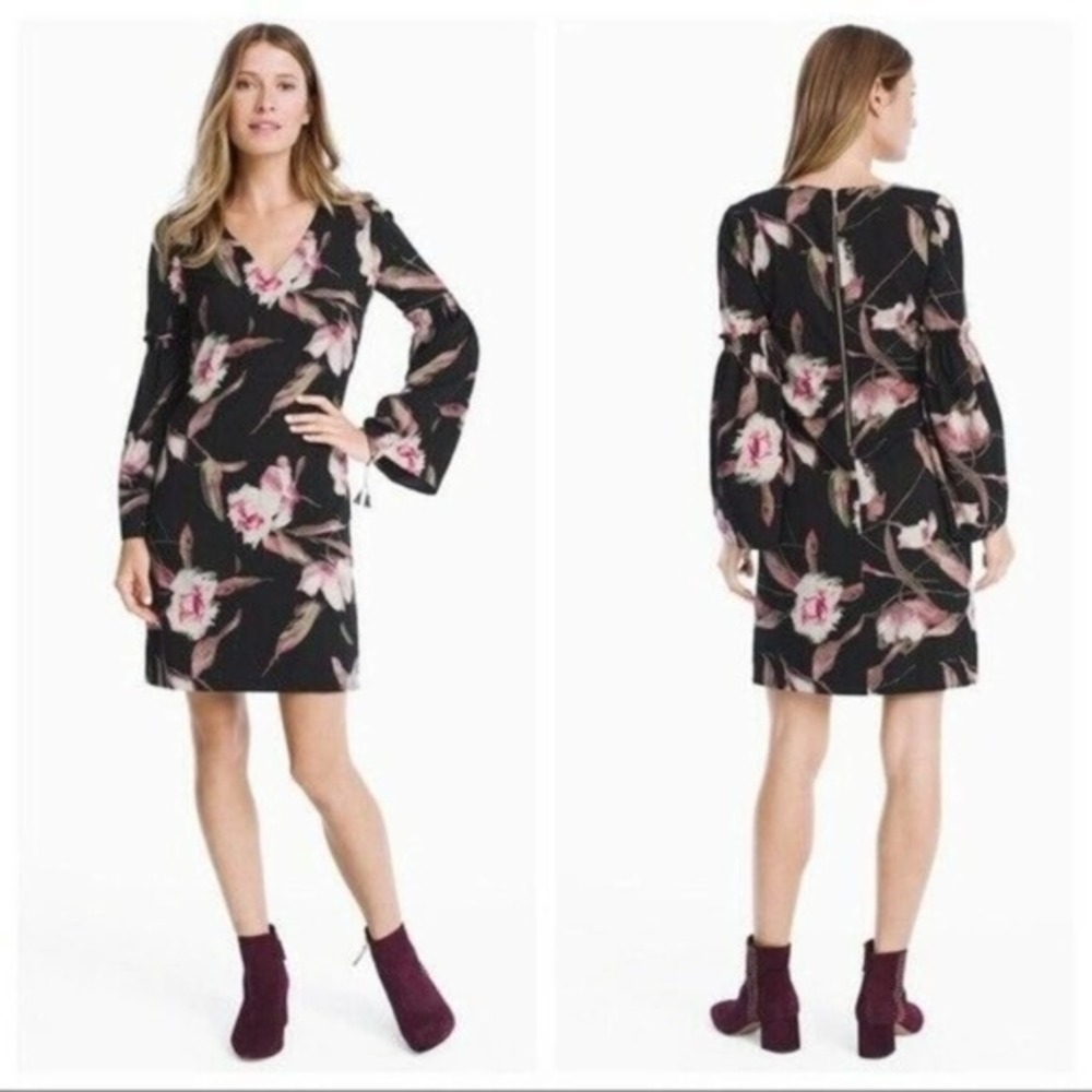 White House Black Market‎ Floral Bell Sleeve Shift Dress Black Pink Size 2